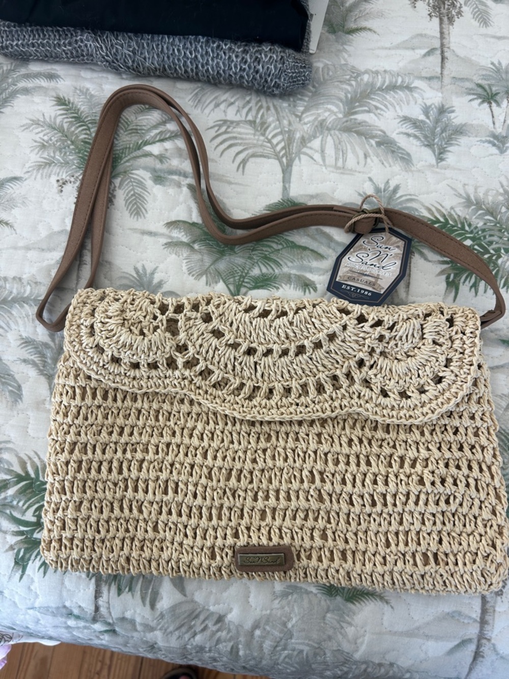 Seaside Crochet Straw Crossbody Bag with Brown Strap